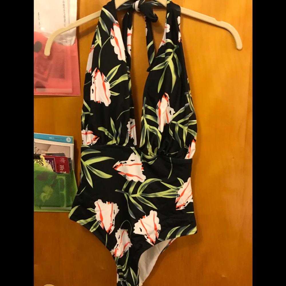 Black Floral one piece halter swimsuit. Small